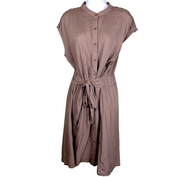 Symphony Brown Belted Short Sleeve Button Midi Dress L NWT - Picture 1 of 8